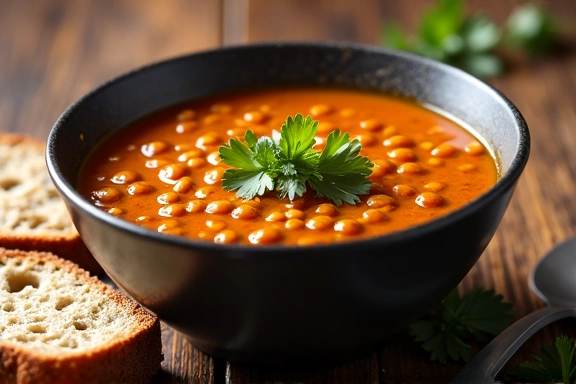 Un piatto di zuppa di lenticchie con pane integrale e un filo d'olio d'oliva.