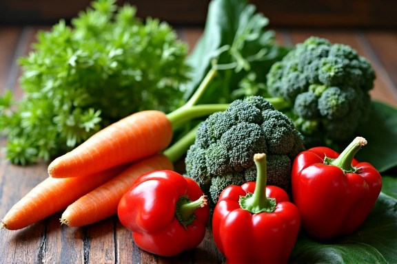 Un mix colorato di verdure fresche come broccoli, carote, peperoni e spinaci, disposti artisticamente.