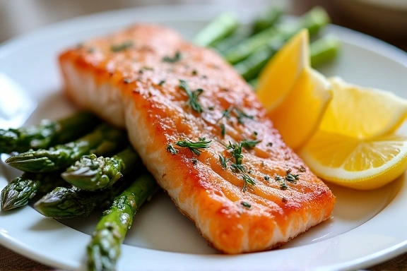 Un piatto di salmone al forno con asparagi e limone, ben presentato e appetitoso.