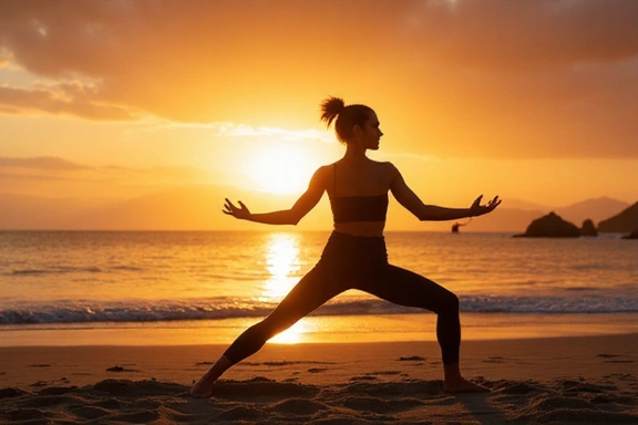 Una persona che pratica yoga al tramonto su una spiaggia, simboleggiando la tranquillità e il benessere mentale.
