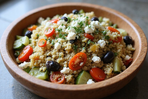 Una fresca insalata di quinoa con verdure miste, feta e olive, in una ciotola di legno.