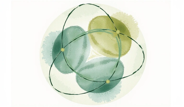 Diagramma astratto che rappresenta un approccio olistico alla nutrizione, con elementi interconnessi che simboleggiano corpo, mente e scienza.