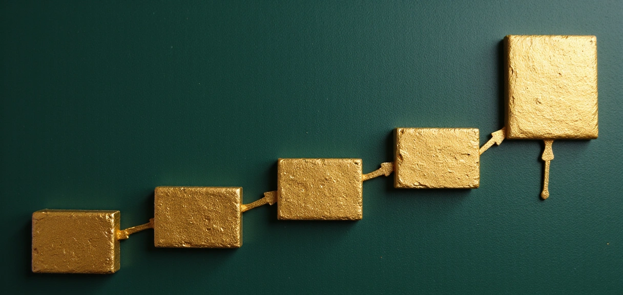 Diagramma elegante che illustra i passi di un processo, utilizzando elementi dorati e verde scuro, senza testo, con frecce che indicano il flusso progressivo tra le fasi.