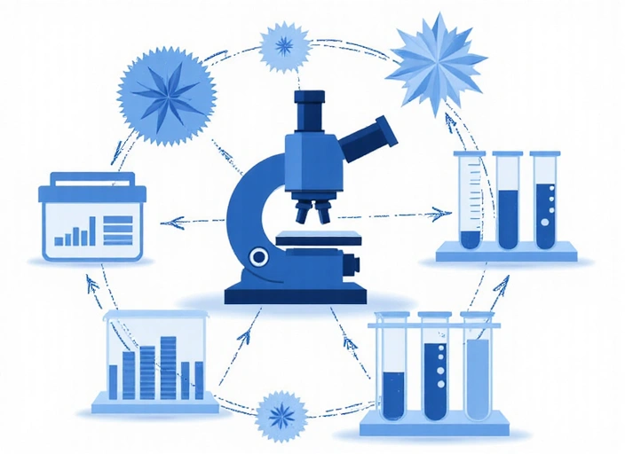 Immagine stilizzata che rappresenta la ricerca scientifica, con elementi di microscopia, provette e grafici, senza testo.