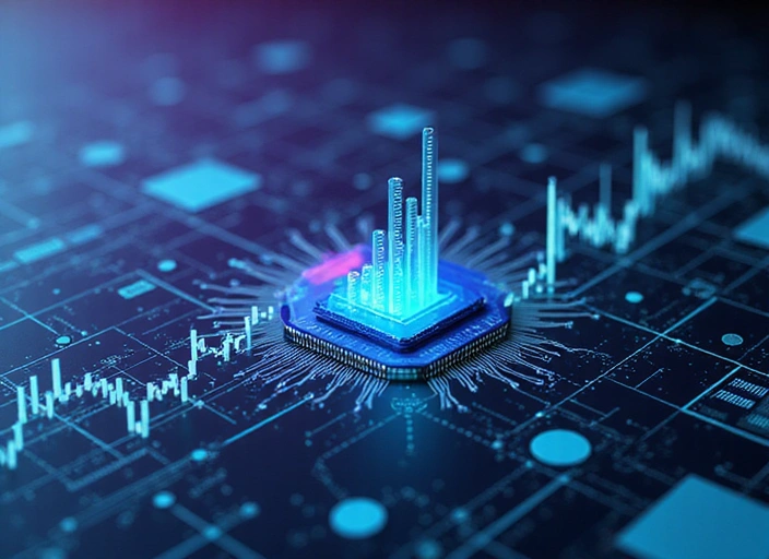 Immagine stilizzata che rappresenta l'analisi dei dati e l'innovazione tecnologica, con elementi di grafici digitali, circuiti e interfacce utente futuristiche, senza testo.