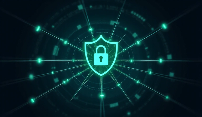 Cybersecurity illustration with shield and network connections