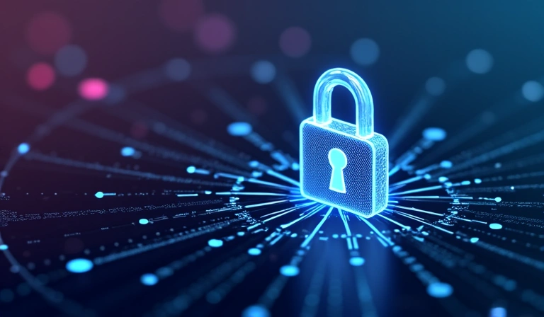 Digital privacy concept with padlock and data flowing