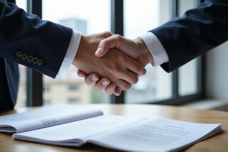 Mani che si stringono in segno di accordo su una pila di documenti