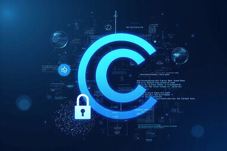 Simbolo del copyright con elementi grafici stilizzati che rappresentano la protezione della proprietà intellettuale su contenuti digitali.