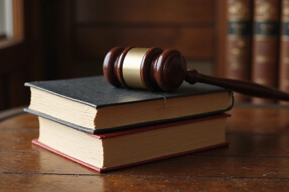 Un martelletto da giudice su una pila di libri di legge, simbolo di giustizia e giurisdizione.